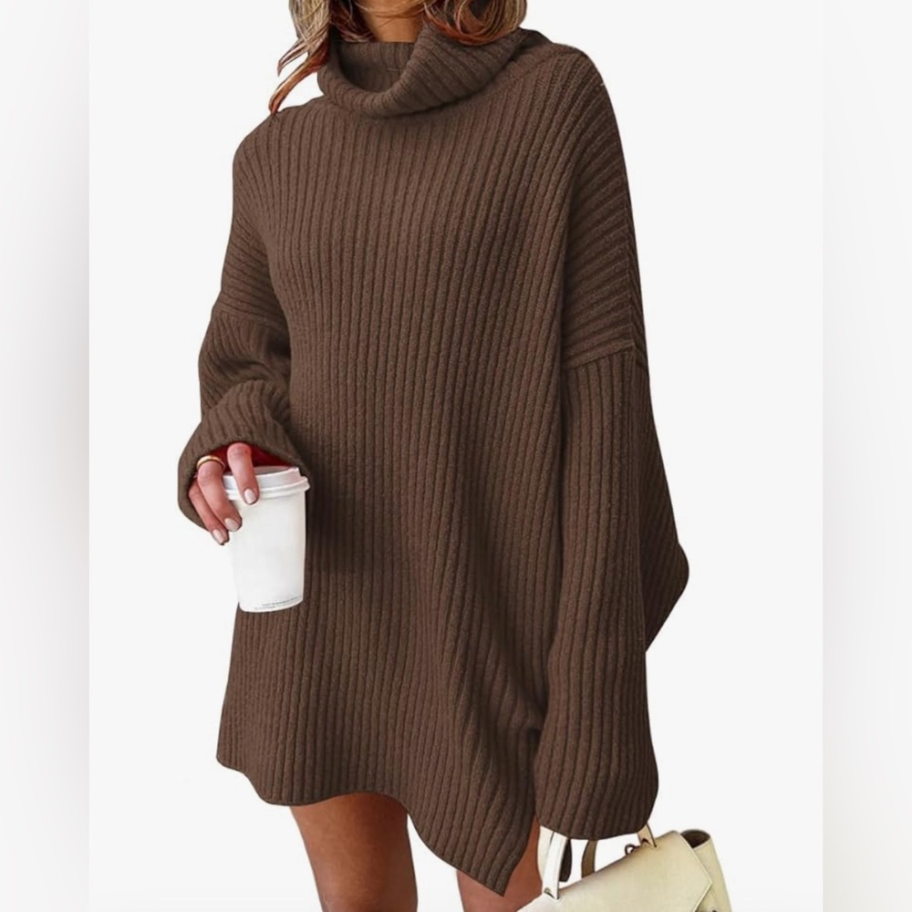 Womens Turtleneck Oversized Long Batwing Sleeve Sweater Dress Brown Size Medium